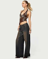 Edikted Women's Sequin Asymmetric Mesh Halter Top