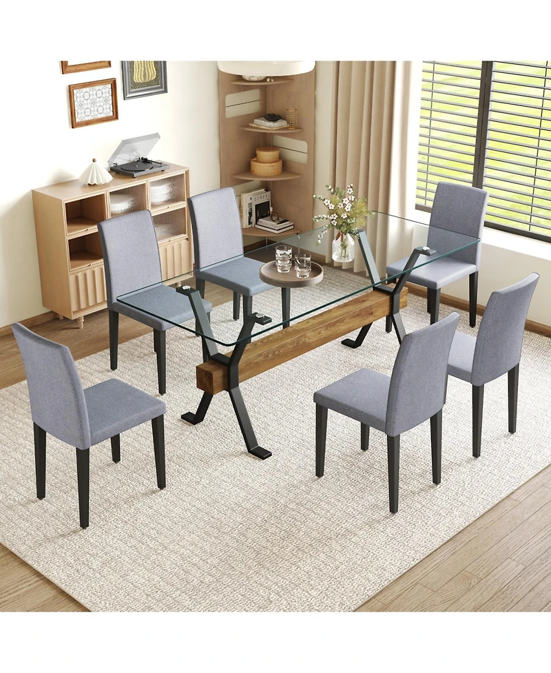 Streamdale Furniture 79" Glass Table & 6 Gray Linen Chairs