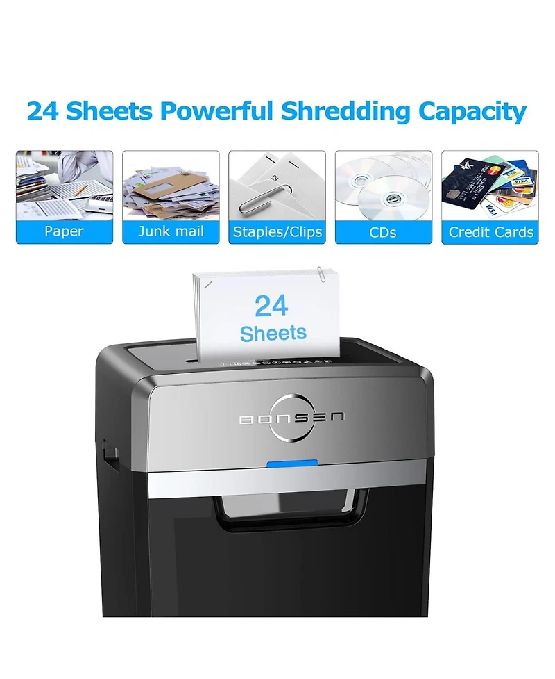 Bonsaii 24-Sheet Heavy-Duty Crosscut Shredder, 40-min run, 9Gal Bin, 55dB Quiet, P-4 Security, Commercial Office Use