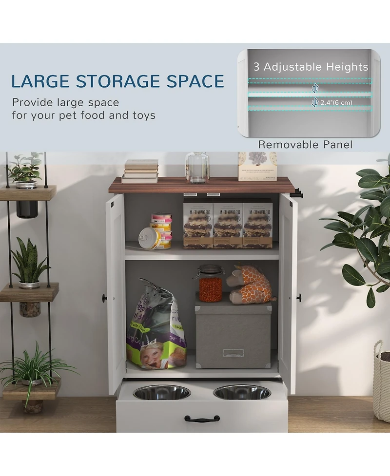 PawHut Dog Feeding Station w/ Raised Dog Bowls, Adjustable Panel, Black