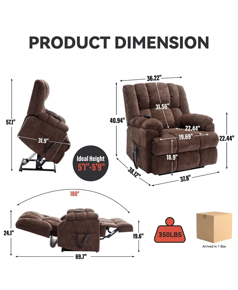 Streamdale Furniture Dual Motor Power Lift Recliner with Heat & Massage, 350 Lbs, Brown