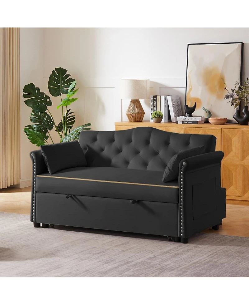 Maison Boucle Velvet Pull Out Sofa Bed with Nailhead Arms, Sleeper Tufted Back for Small Spaces, Guest Room, Living Room