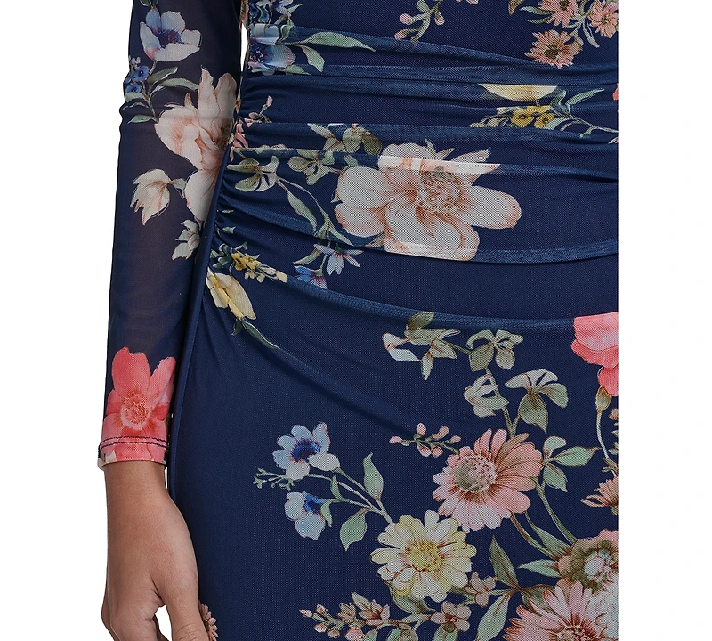 Vince Camuto Women's Printed Mesh Long-Sleeve Asymmetrical Hem Bodycon Dress