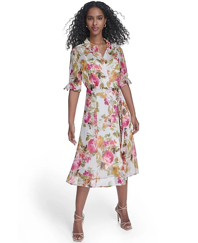Calvin Klein Women's Tie-Sleeve Printed Midi Dress