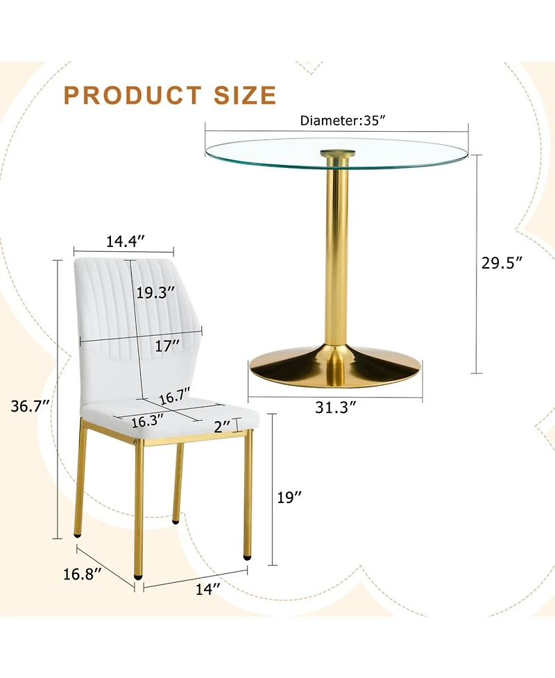 Streamdale Furniture 35" Glass Round Dining Set - Gold Base & 4 White Pu Chairs