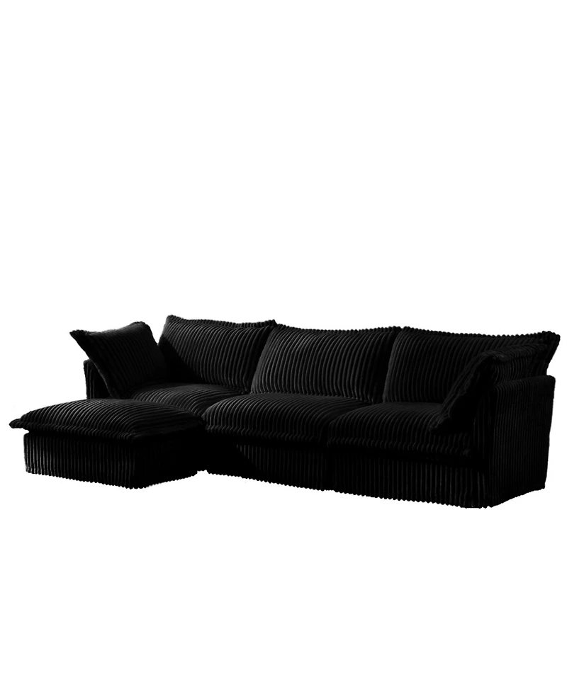 Streamdale Furniture L-Shaped Black Corduroy Sectional Sofa with Ottoman