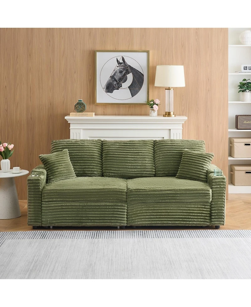 Streamdale Furniture 80" Folding Corduroy Sofa Bed w/ Cup Holder & Pillow - Green