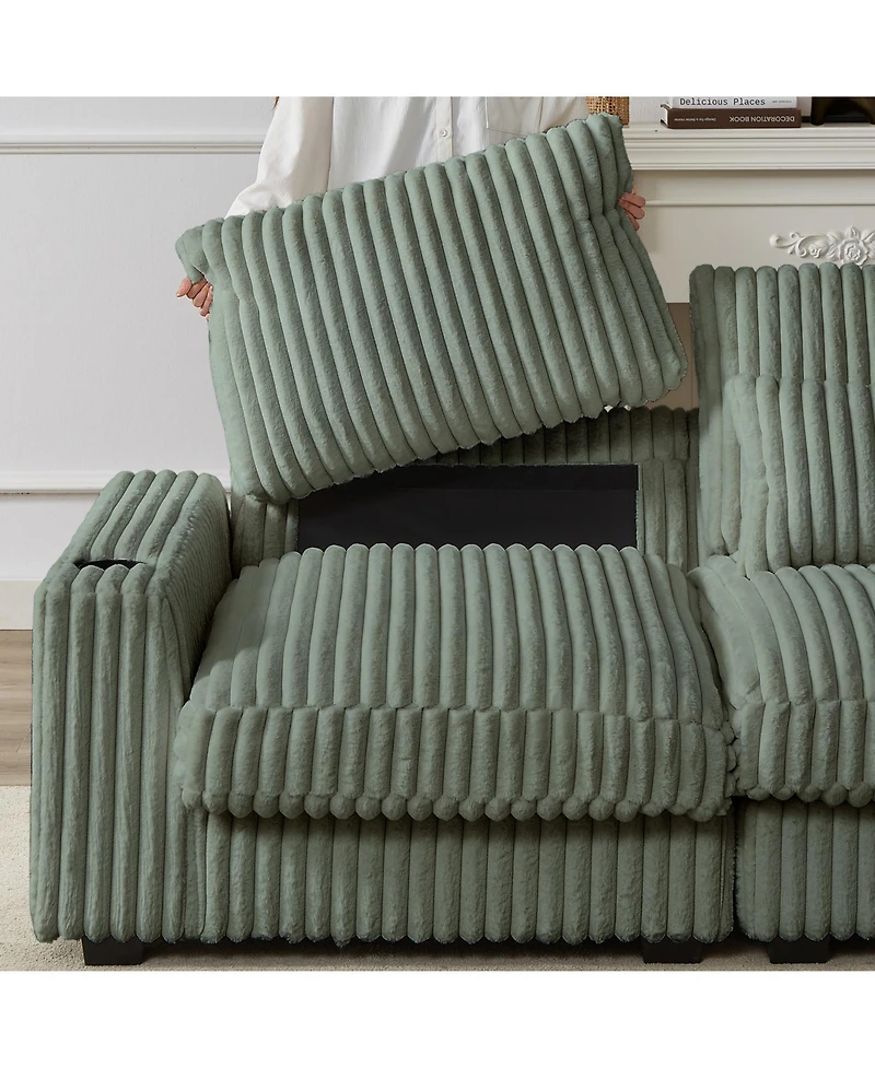 Streamdale Furniture Corduroy L-Shaped Sofa w/ Cup Holder Usb Pillows