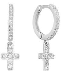 Macy's Cubic Zirconia Religious Cross Charm Dangle Huggie Hoop Earrings