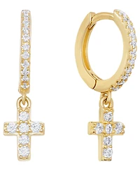 Macy's Cubic Zirconia Religious Cross Charm Dangle Huggie Hoop Earrings