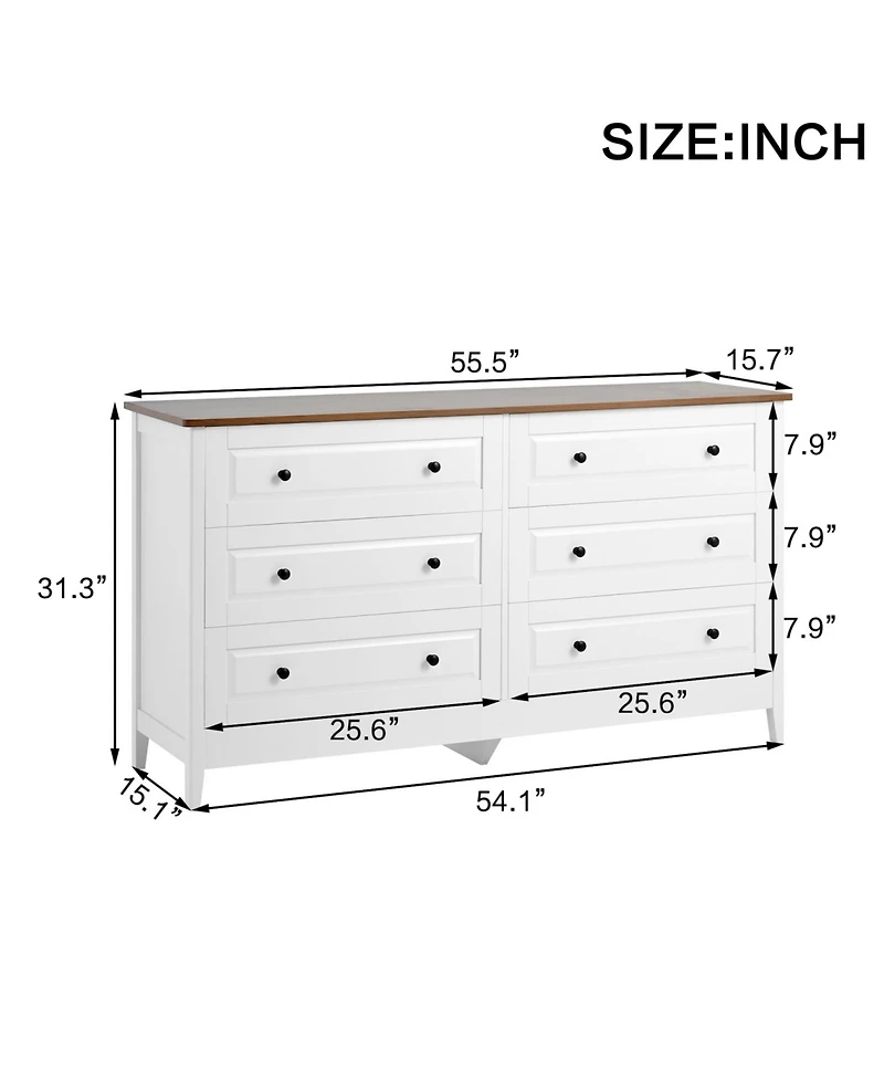 Streamdale Furniture White 6-Drawer Dresser with Wide Drawer & Metal Handles