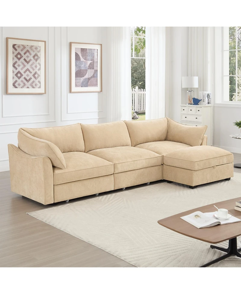 Streamdale Furniture L-Shaped 3-Seater Chenille Sofa with Footstool - Wheat