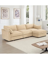 Streamdale Furniture L-Shaped 3-Seater Chenille Sofa with Footstool - Wheat