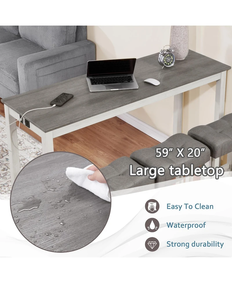 Streamdale Bar Table Set with 3 Stools, Power Outlet, White & Grey
