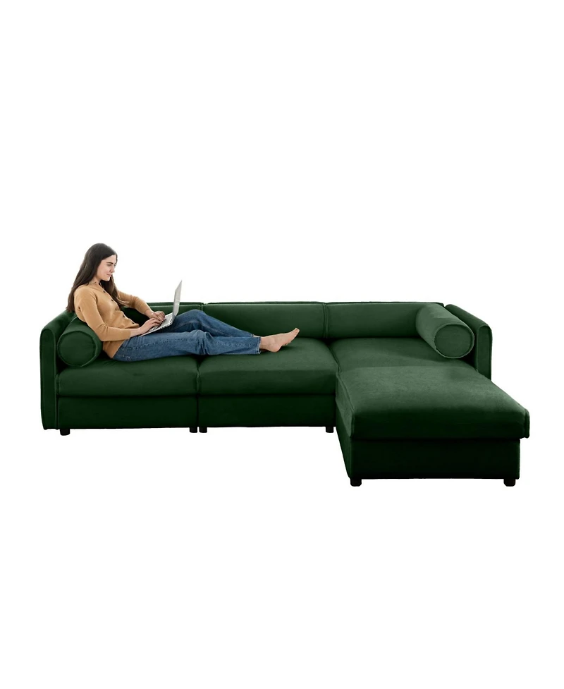 Streamdale Furniture Elegant Green Chenille L-Shaped Sofa with Storage and Ottoman.