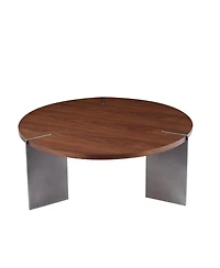 Streamdale Furniture Round Coffee Table Walnut Wood Surface and Black Metel Feet