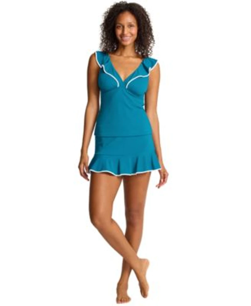 Tommy Bahama Womens Cabana Ruffled Tummy Control Tankini Top Swim Skirt