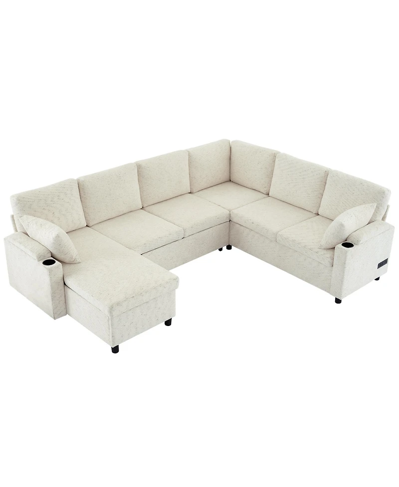 Streamdale Furniture 109.9" U-Shaped Sectional Sofa Bed with Storage, Cup Holders & Charging