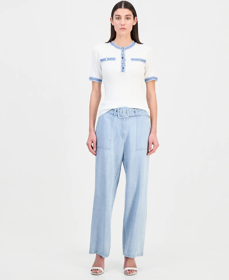 T Tahari Women's Denim-Trim Ribbed Short-Sleeve Top