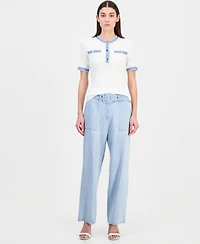 T Tahari Women's Denim-Trim Ribbed Short-Sleeve Top