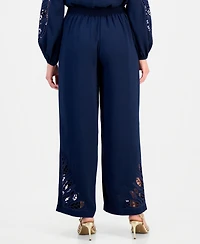T Tahari Women's Embroidered-Hem Wide-Leg Pants