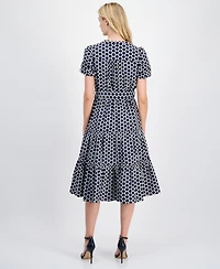 T Tahari Women's Embroidered Tie-Waist Midi Dress