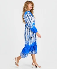 T Tahari Women's Floral Belted Half-Placket Dress