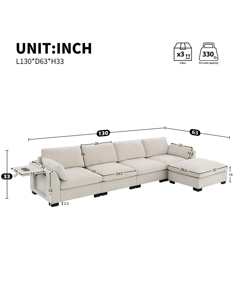 Streamdale Furniture 130" Modular Sectional Sofa with Folding Table & Charging