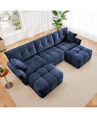 Streamdale Furniture Blue Chenille 3-Seater Sofa Set with Ottoman and Pillows