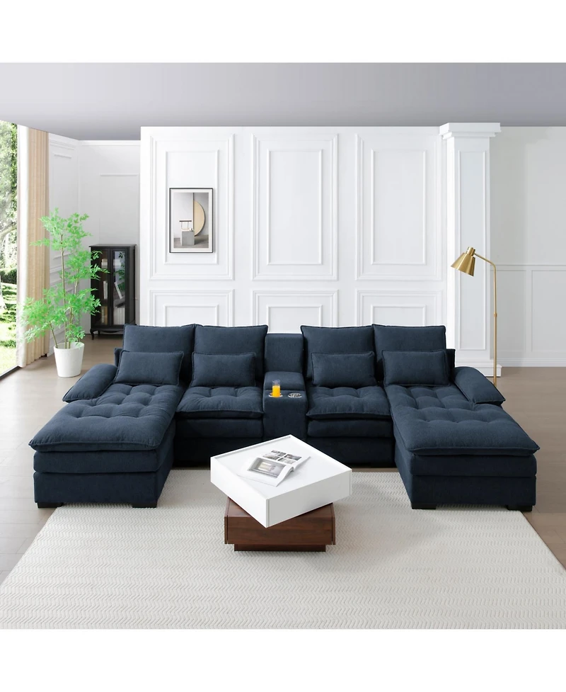 Streamdale Furniture 130" U-Shaped Sofa with Console, Cupholders, Sleeper & Chaise (Blue)