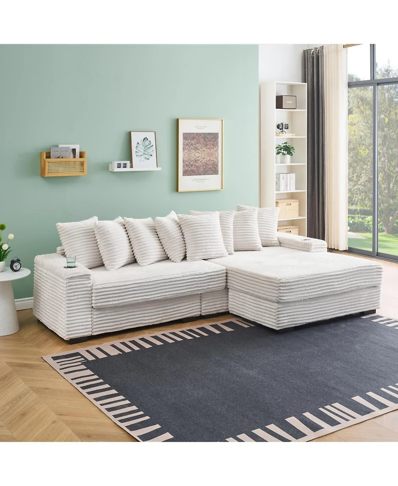 Streamdale Furniture Beige Corduroy Sofa w/ Cupholders, Lockers, Reversible Chaise