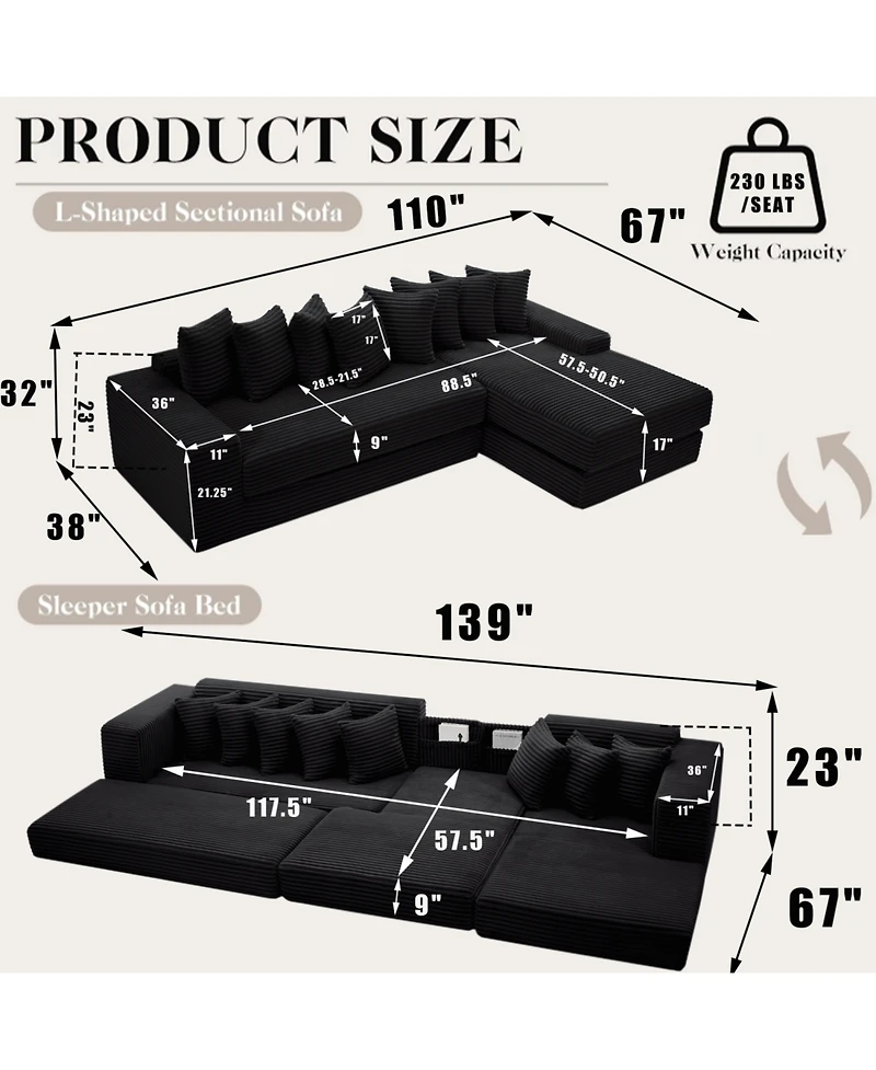 Streamdale Furniture Streamdale Oversize Cloud Sectional Sofa Bed, L-Shape, 8 Pillows, Corduroy, Black (Right Facing)