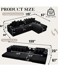 Streamdale Furniture Streamdale Oversize Cloud Sectional Sofa Bed, L-Shape, 8 Pillows, Corduroy, Black (Right Facing)