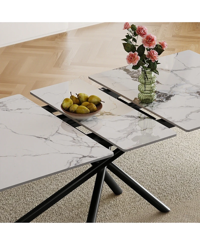 Streamdale Furniture 59" Modern Expandable Dining Table, Sintered Stone Top, Black X-Base