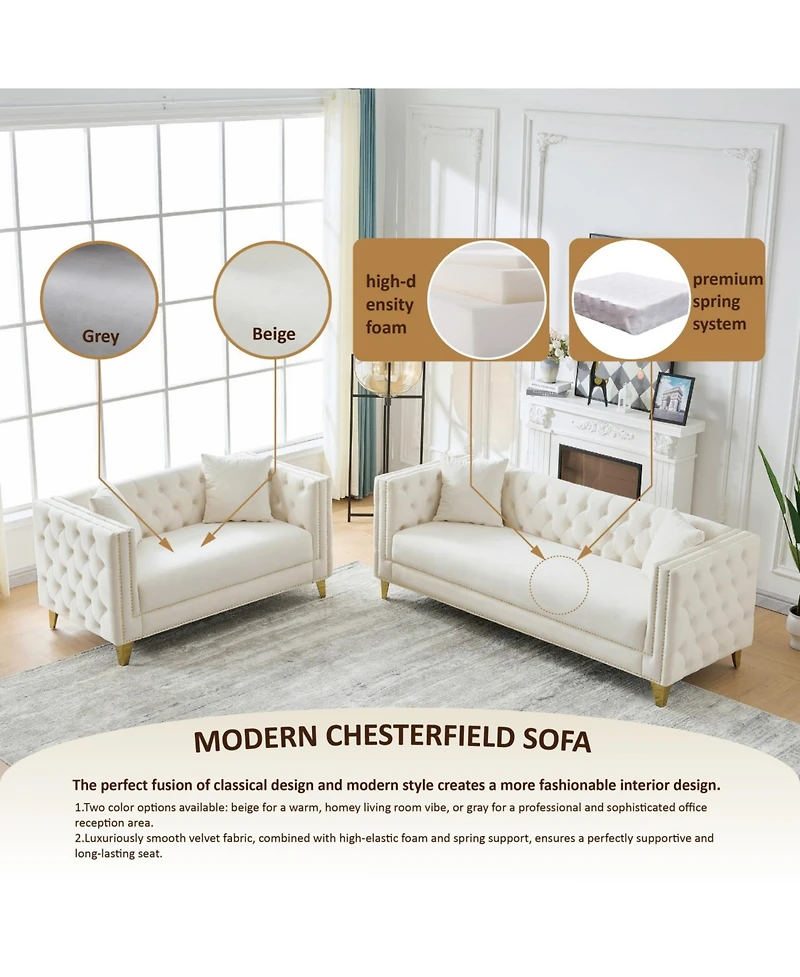 Streamdale Furniture 80" Chesterfield Velvet Sofa, 3-Seater, Button Nailhead