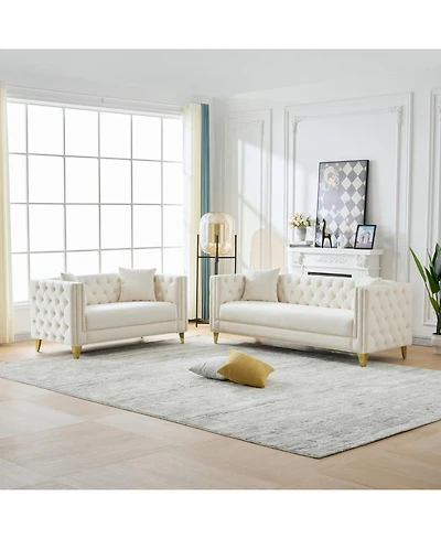 Streamdale Chesterfield Velvet Sofa, 3+2 Seater, Button Nailhead, Beige