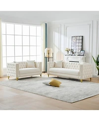Streamdale Chesterfield Velvet Sofa, 3+2 Seater, Button Nailhead, Beige
