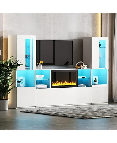Streamdale Furniture Modern Tv Stand with Non-Heating Electric Fireplace, Led Lights, and Tempered Glass Shelves for up to 75" TVs