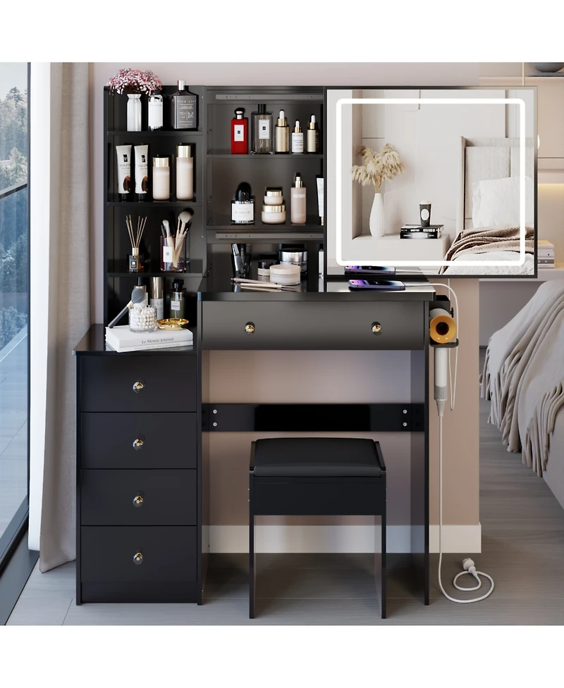 Streamdale Furniture Vanity Table Set with Sliding Mirror, 2 Ac+2 Usb, Hair Dryer Stand