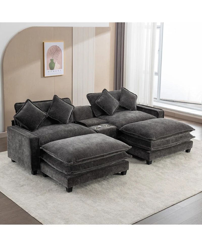 Streamdale Furniture Chenille Sectional Sofa w/Ottomans Usb Cup Holders & Storage