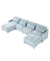 Streamdale Furniture Sky Blue Chenille 4-Seater Sofa with Ottoman