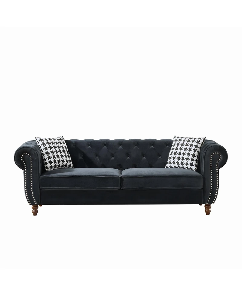 Streamdale Furniture 87" Chesterfield Velvet Sofa, Roll Arm, Nailhead Trim, 3 Seater