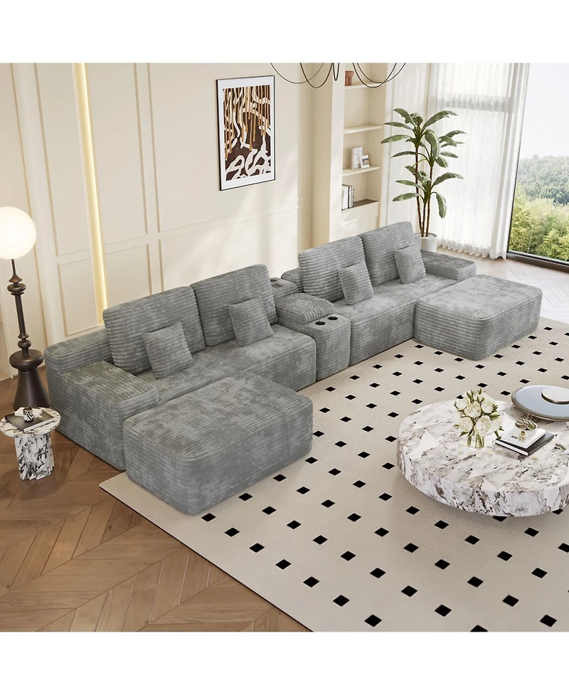 Streamdale Furniture 150" Sectional Sofa with 2 Ottomans, Light Grey Corduroy