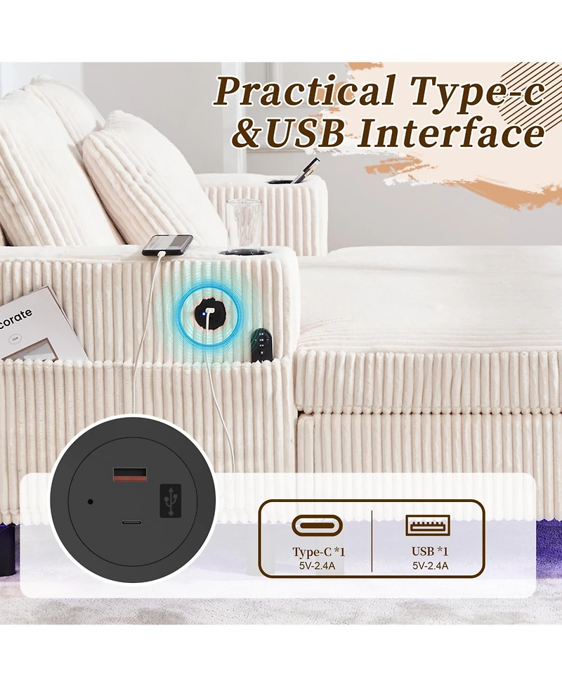 Streamdale Furniture Corduroy Oversized Recliner Sofa w/ Usb, Led