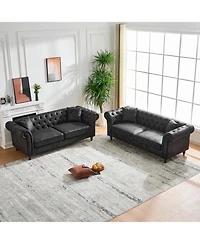Streamdale Chesterfield Tech Fabric 3+3 Seater Sofa Set - Black