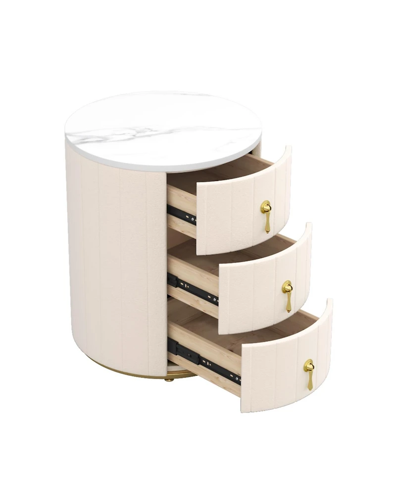 Streamdale Furniture Upholstered Nightstand 2 Set, 3 Drawers, Round, Beige