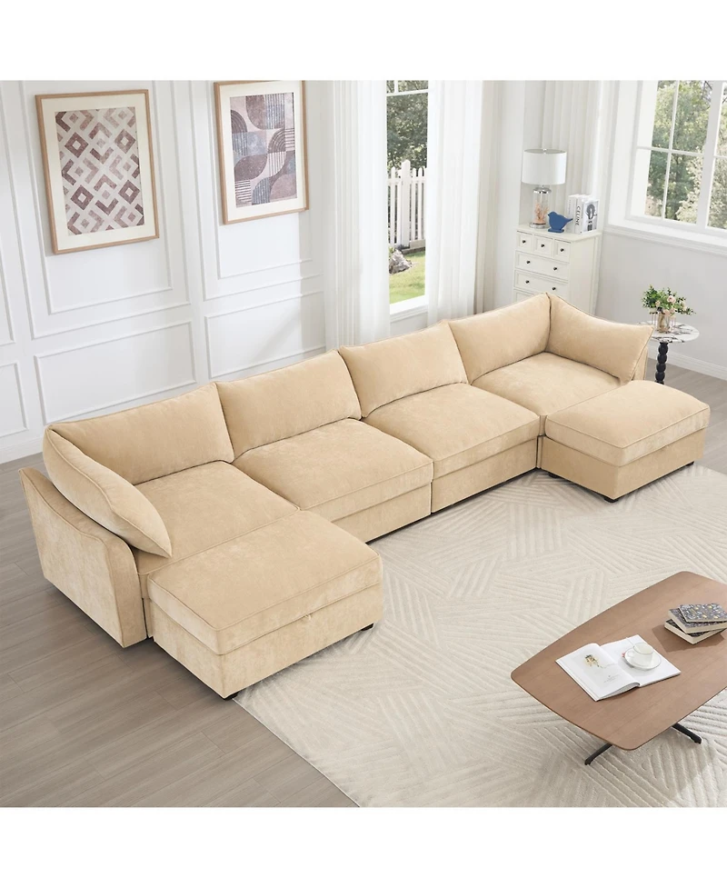 Streamdale Furniture Streamdale U Shape Sectional Sofa with Ottomans & Storage - Chenille Wheat