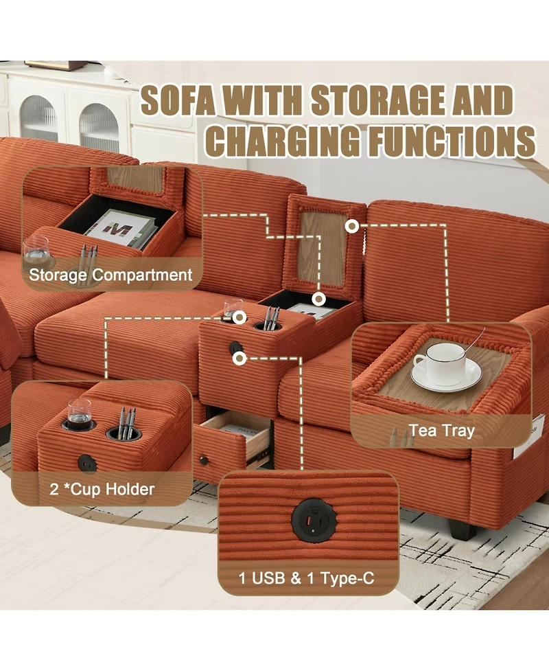 Streamdale Furniture L-Shape Corduroy Sofa- 4-Seater, Usb, Storage, Console & Ottoman