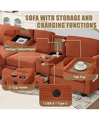 Streamdale Furniture L-Shape Corduroy Sofa- 4-Seater, Usb, Storage, Console & Ottoman