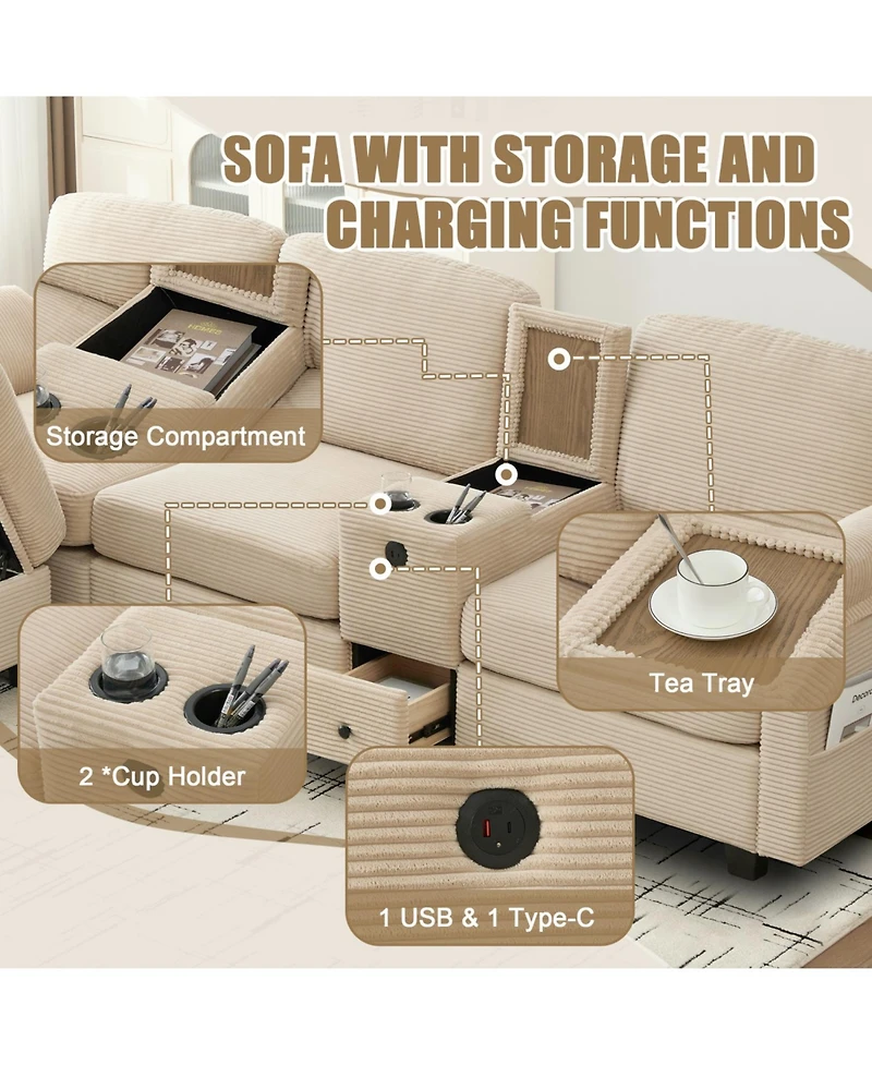 Streamdale Furniture L-Shape Corduroy Sofa- 4-Seater, Usb, Storage, Console & Ottoman
